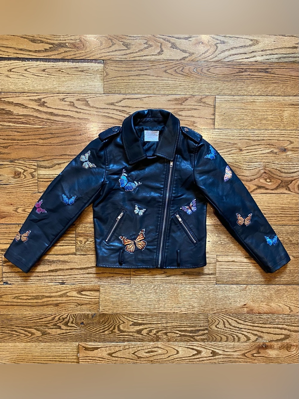 Hannah Banana Kids Black Faux Leather Butterfly Moto Jacket - Size 8/10